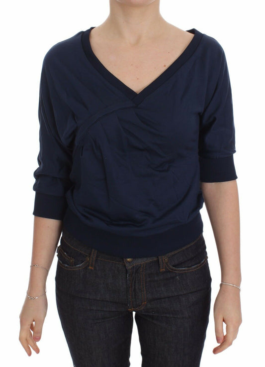 Blue Cotton Top Pullover Deep V-neck Women Sweater - Designed by Exte Available to Buy at a Discounted Price on Moon Behind The Hill Online Designer Discount Store