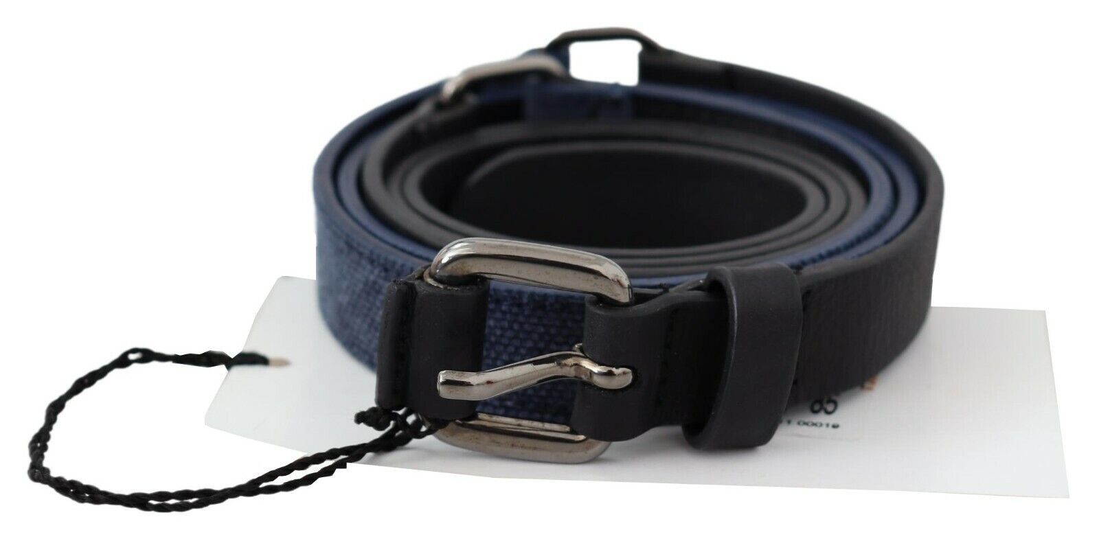 Black Blue Leather Silver Logo Belt - Designed by Costume National Available to Buy at a Discounted Price on Moon Behind The Hill Online Designer Discount Store
