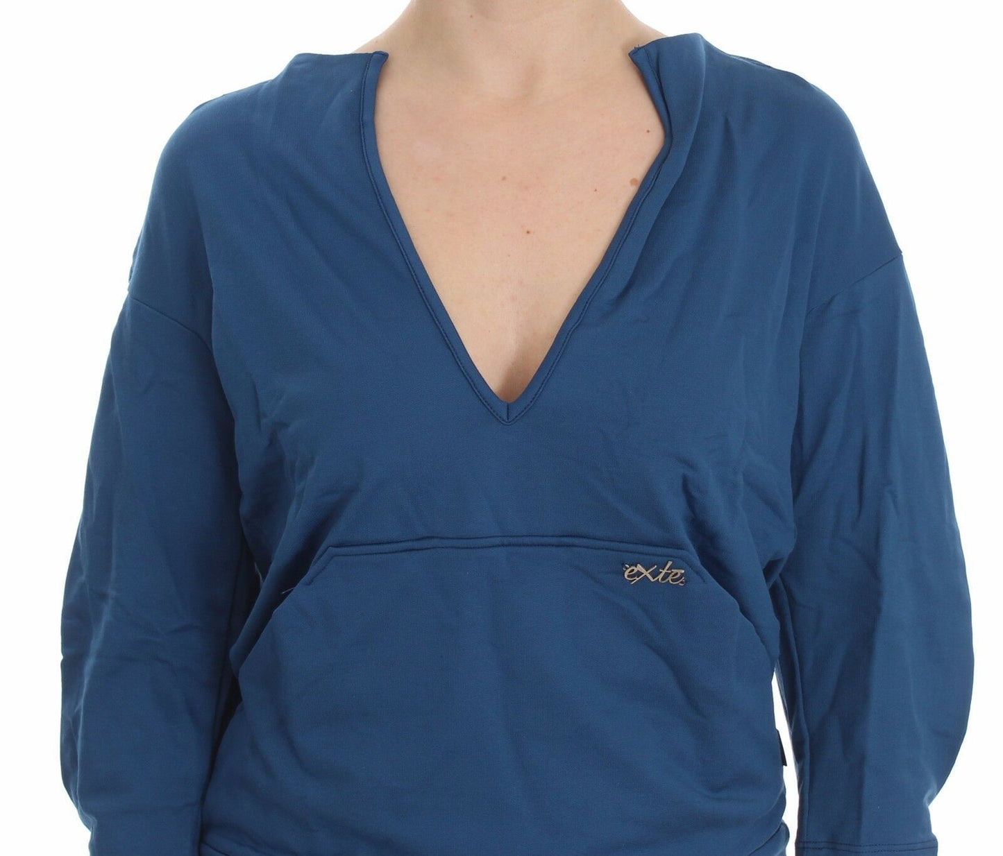 Blue Cotton Top Pullover Deep V-neck Women Sweater - Designed by Exte Available to Buy at a Discounted Price on Moon Behind The Hill Online Designer Discount Store
