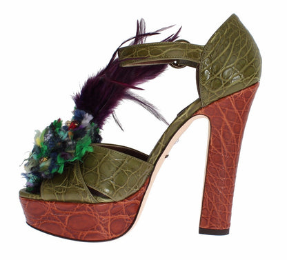 Green Leather Crystal Platform Sandal Shoes - Designed by Dolce & Gabbana Available to Buy at a Discounted Price on Moon Behind The Hill Online Designer Discount Store