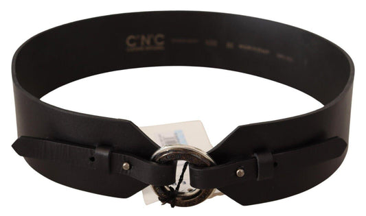 Black Leather Silver Round Buckle Belt - Designed by Costume National Available to Buy at a Discounted Price on Moon Behind The Hill Online Designer Discount Store
