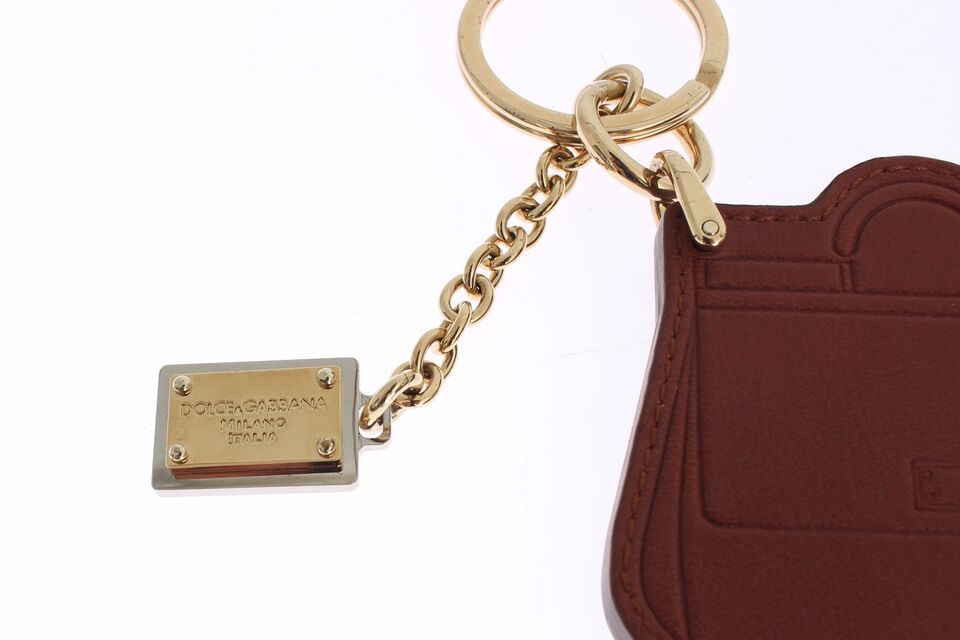 Brown Leather Miss SICILY Gold Finder Chain Keychain - Designed by Dolce & Gabbana Available to Buy at a Discounted Price on Moon Behind The Hill Online Designer Discount Store