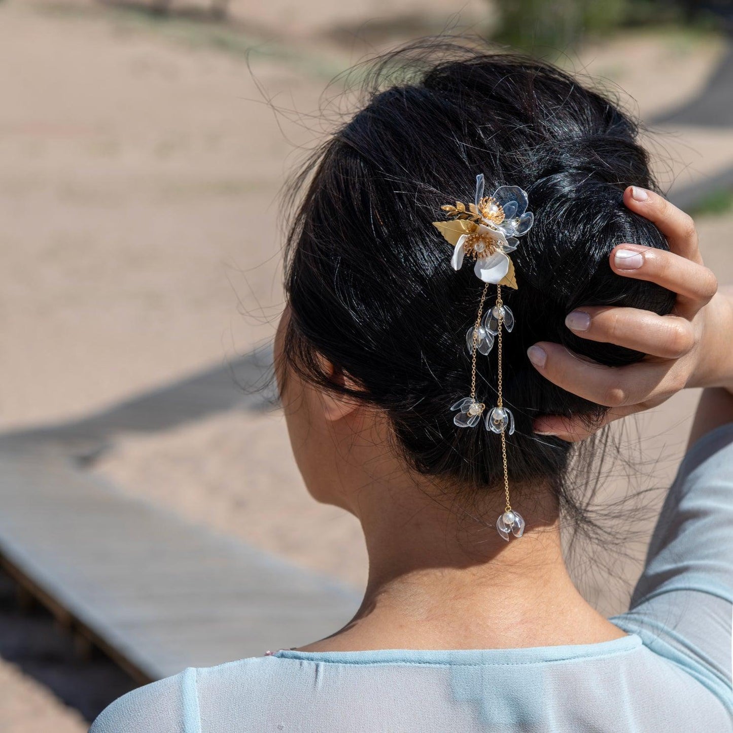 Elegant Floral Kanzashi Hairpin - Designed by Upcycle with Jing Available to Buy at a Discounted Price on Moon Behind The Hill Online Designer Discount Store