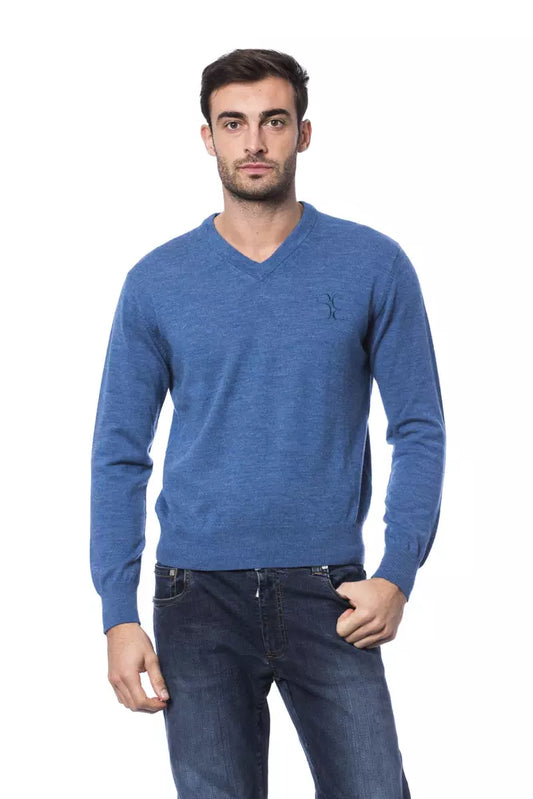 Billionaire Italian Couture Men's Blue V-Neck Sweater in Merino Wool - Designed by Billionaire Italian Couture Available to Buy at a Discounted Price on Moon Behind The Hill Online Designer D