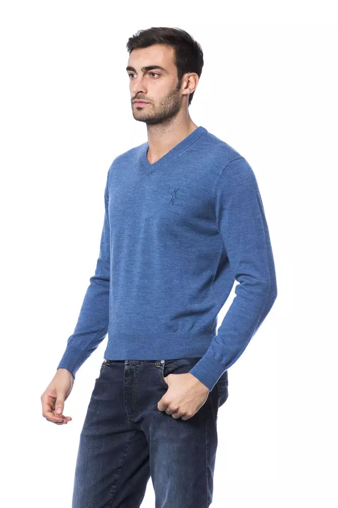 Billionaire Italian Couture Men's Blue V-Neck Sweater in Merino Wool - Designed by Billionaire Italian Couture Available to Buy at a Discounted Price on Moon Behind The Hill Online Designer D