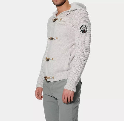 Armata Di Mare Men's Beige Acrylic Knitted Hooded Cardigan Sweater - Designed by Armata Di Mare Available to Buy at a Discounted Price on Moon Behind The Hill Online Designer Discount Store