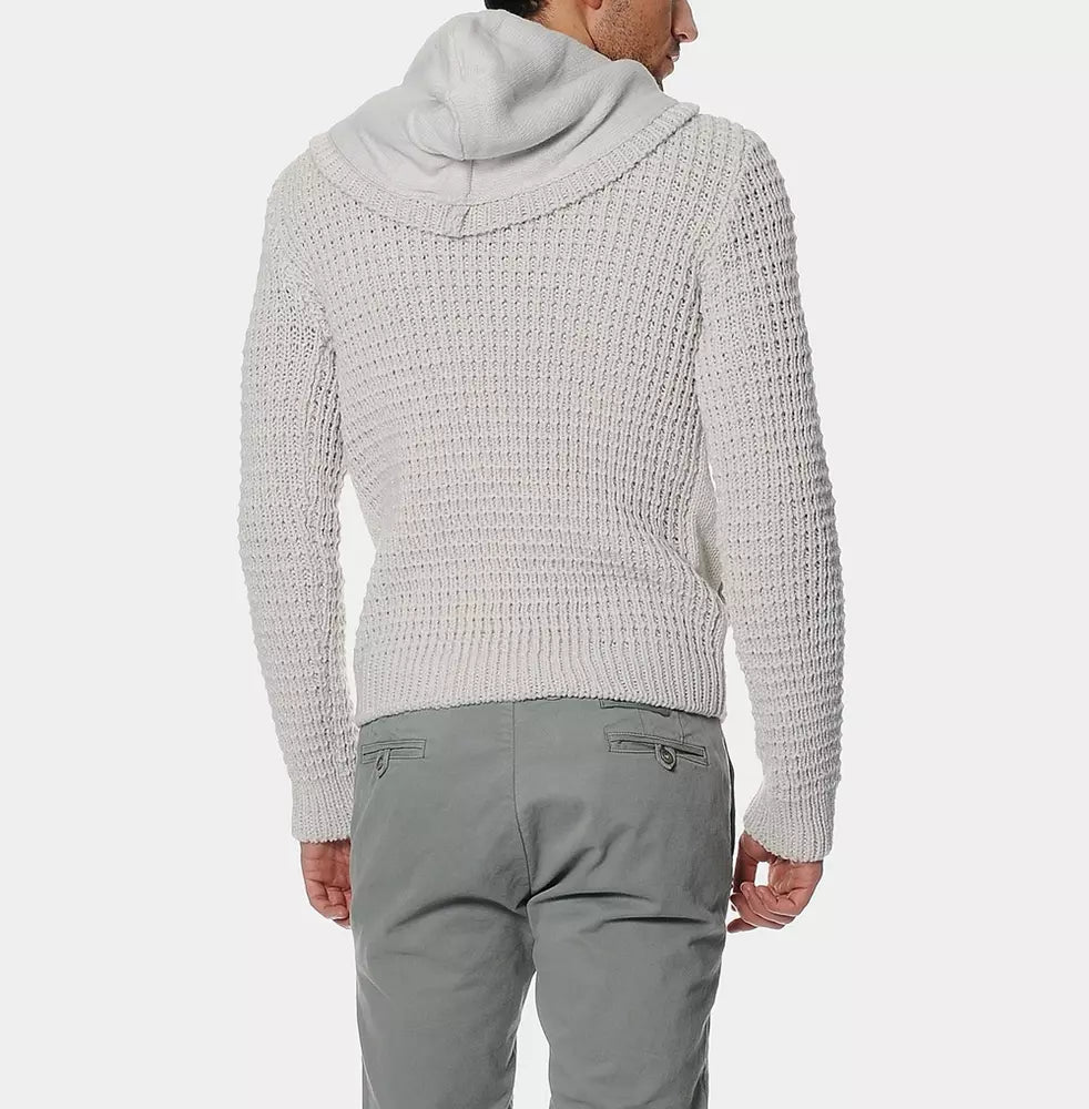 Armata Di Mare Men's Beige Acrylic Knitted Hooded Cardigan Sweater - Designed by Armata Di Mare Available to Buy at a Discounted Price on Moon Behind The Hill Online Designer Discount Store