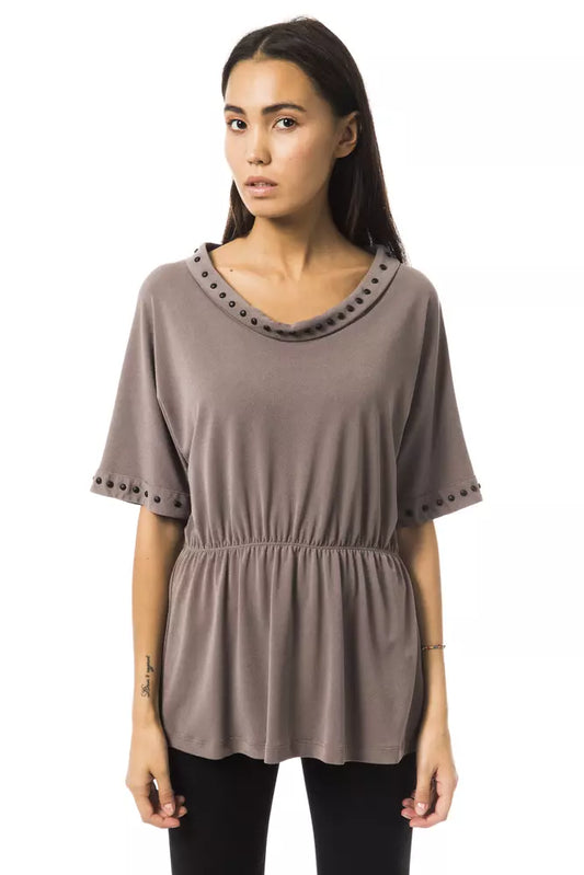Byblos Gray Polyester 3/4 Sleeve Open Round Neck Top - Designed by BYBLOS Available to Buy at a Discounted Price on Moon Behind The Hill Online Designer Discount Store