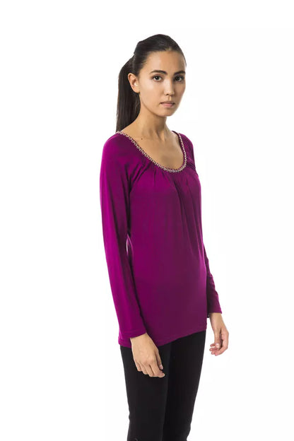 Byblos Purple Viscose Open Round Neck Long Sleeve Top - Designed by BYBLOS Available to Buy at a Discounted Price on Moon Behind The Hill Online Designer Discount Store