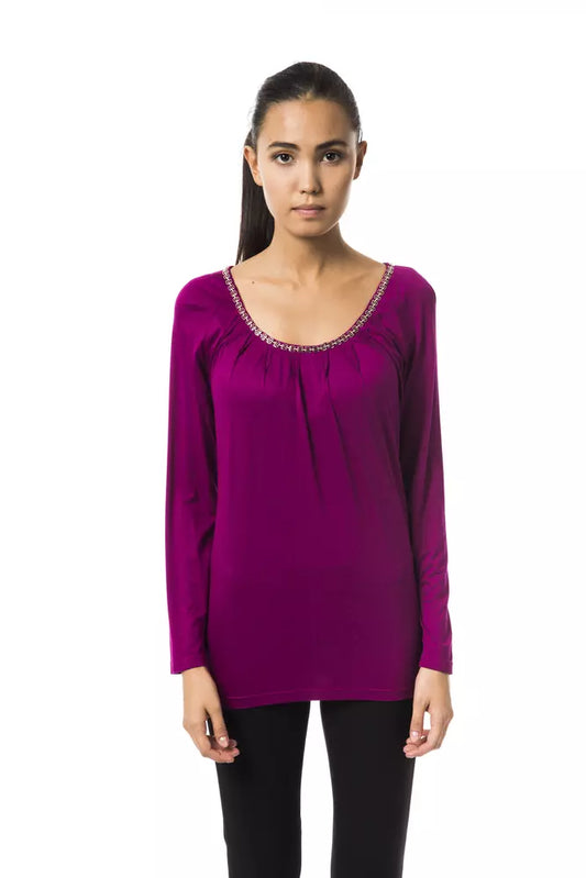 Byblos Purple Viscose Open Round Neck Long Sleeve Top - Designed by BYBLOS Available to Buy at a Discounted Price on Moon Behind The Hill Online Designer Discount Store