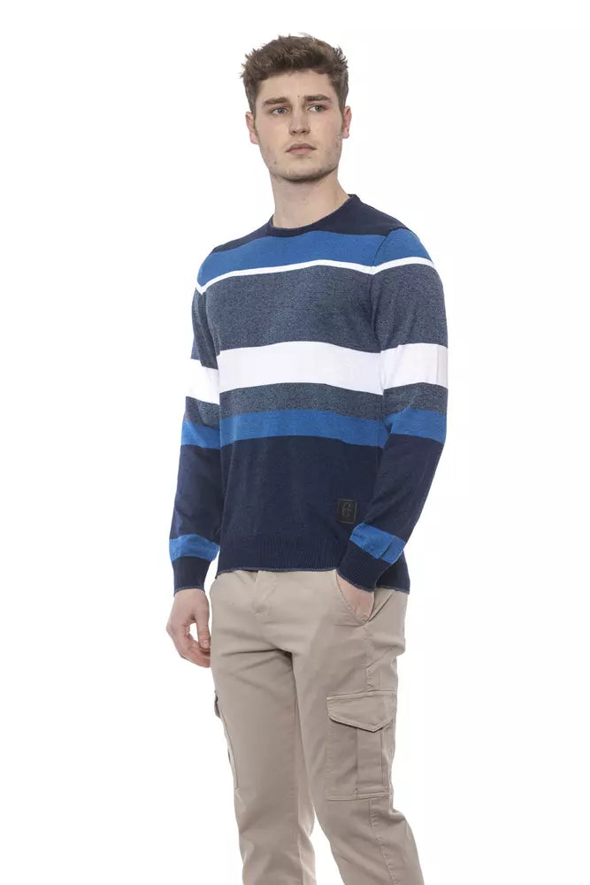 Hooped Prussian Blue Conte of Florence Men's Crewneck Sweater - Designed by Conte of Florence Available to Buy at a Discounted Price on Moon Behind The Hill Online Designer Discount Store