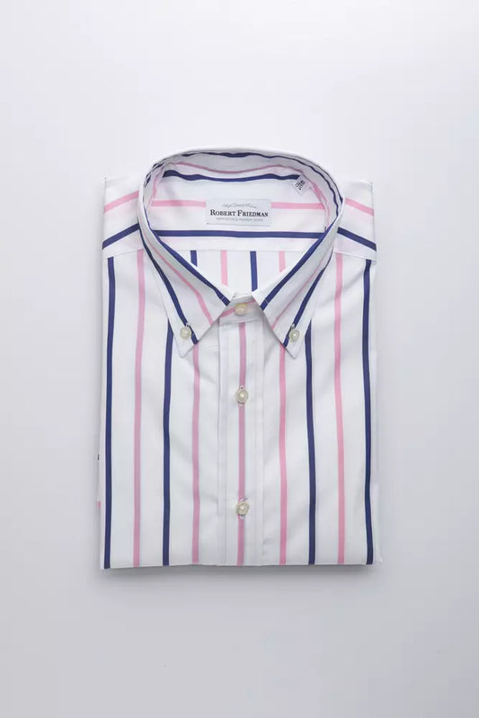 Robert Friedman Men's White Striped Cotton Button Down Shirt designed by Robert Friedman available from Moon Behind The Hill 's Clothing > Shirts & Tops > Mens range