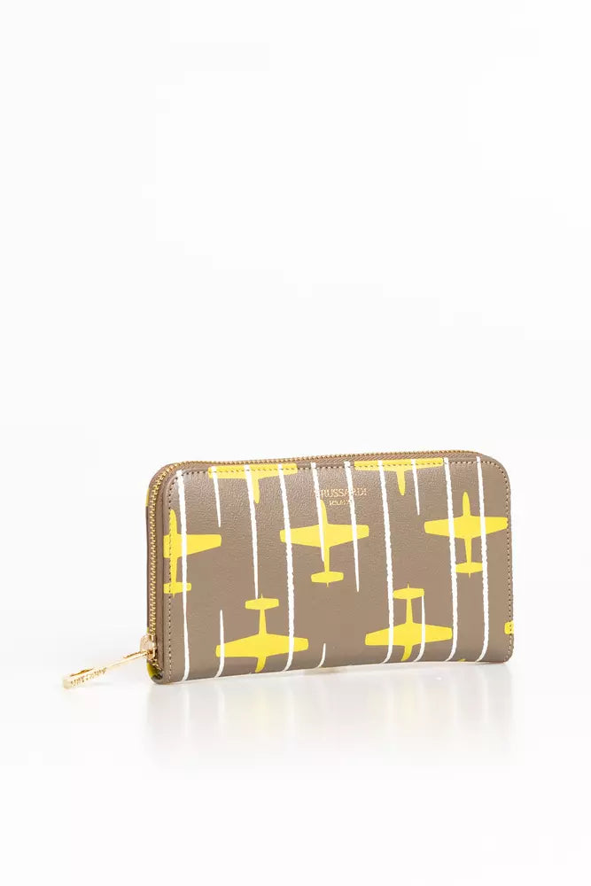 Beige & Yellow Airplane-themed Print Leather Wallet With Zip Closure - Designed by Trussardi Available to Buy at a Discounted Price on Moon Behind The Hill Online Designer Discount Store