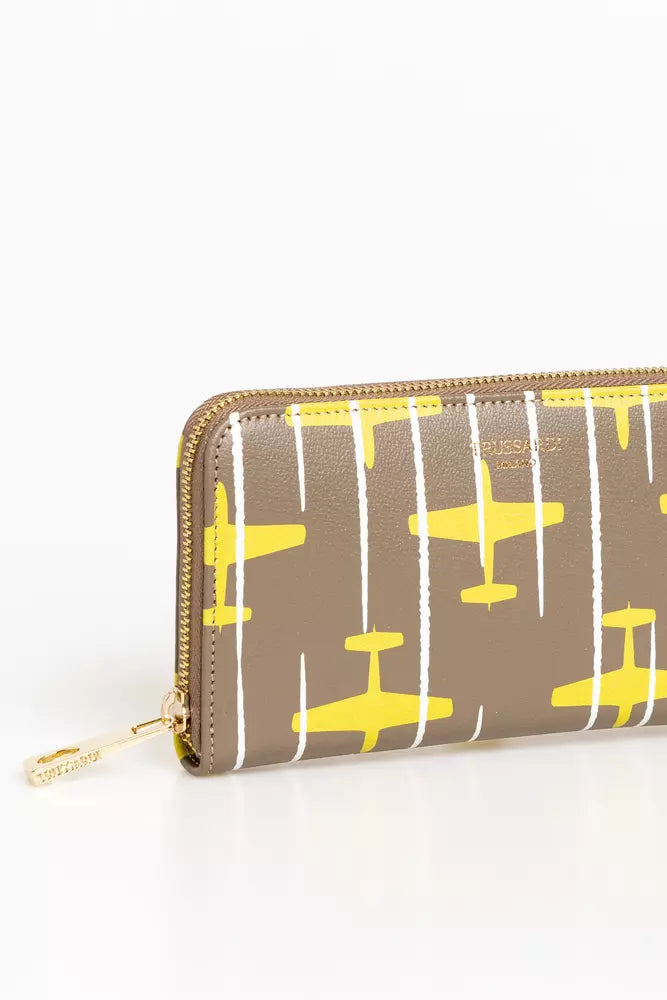 Beige & Yellow Airplane-themed Print Leather Wallet With Zip Closure - Designed by Trussardi Available to Buy at a Discounted Price on Moon Behind The Hill Online Designer Discount Store