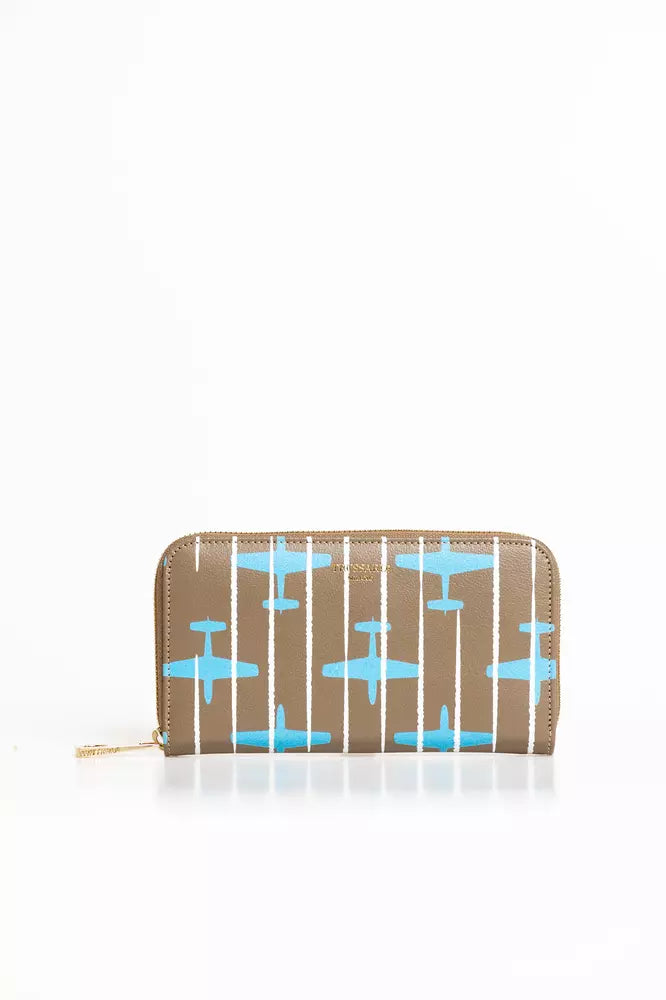 Beige & Blue Airplane-themed Print Leather Wallet With Zip Closure - Designed by Trussardi Available to Buy at a Discounted Price on Moon Behind The Hill Online Designer Discount Store