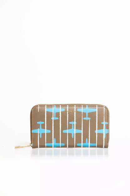 Beige & Blue Airplane-themed Print Leather Wallet With Zip Closure - Designed by Trussardi Available to Buy at a Discounted Price on Moon Behind The Hill Online Designer Discount Store