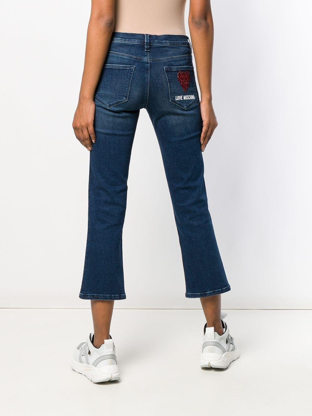 Love Moschino Women's Blue Cotton Low Rise Cropped Jeans designed by Love Moschino available from Moon Behind The Hill 's Clothing > Pants > Womens range