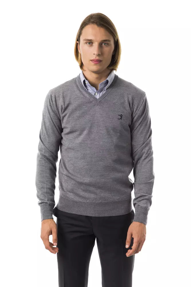 Grey Uominitaliani Men's V-neck Wool Sweater - Designed by Uominitaliani Available to Buy at a Discounted Price on Moon Behind The Hill Online Designer Discount Store