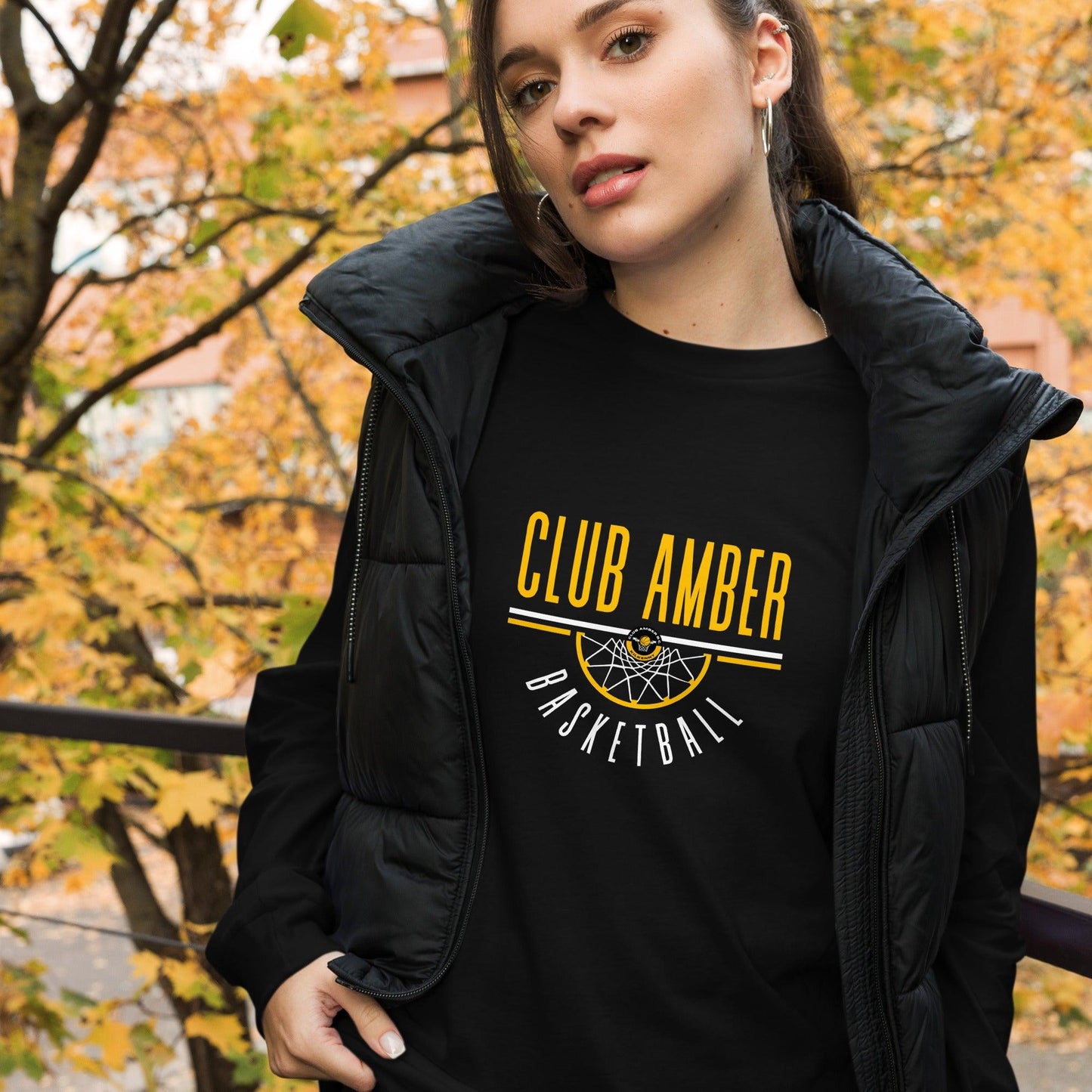 Club Amber Basketball Unisex Long Sleeve Tee - Designed by Moon Behind The Hill Available to Buy at a Discounted Price on Moon Behind The Hill Online Designer Discount Store