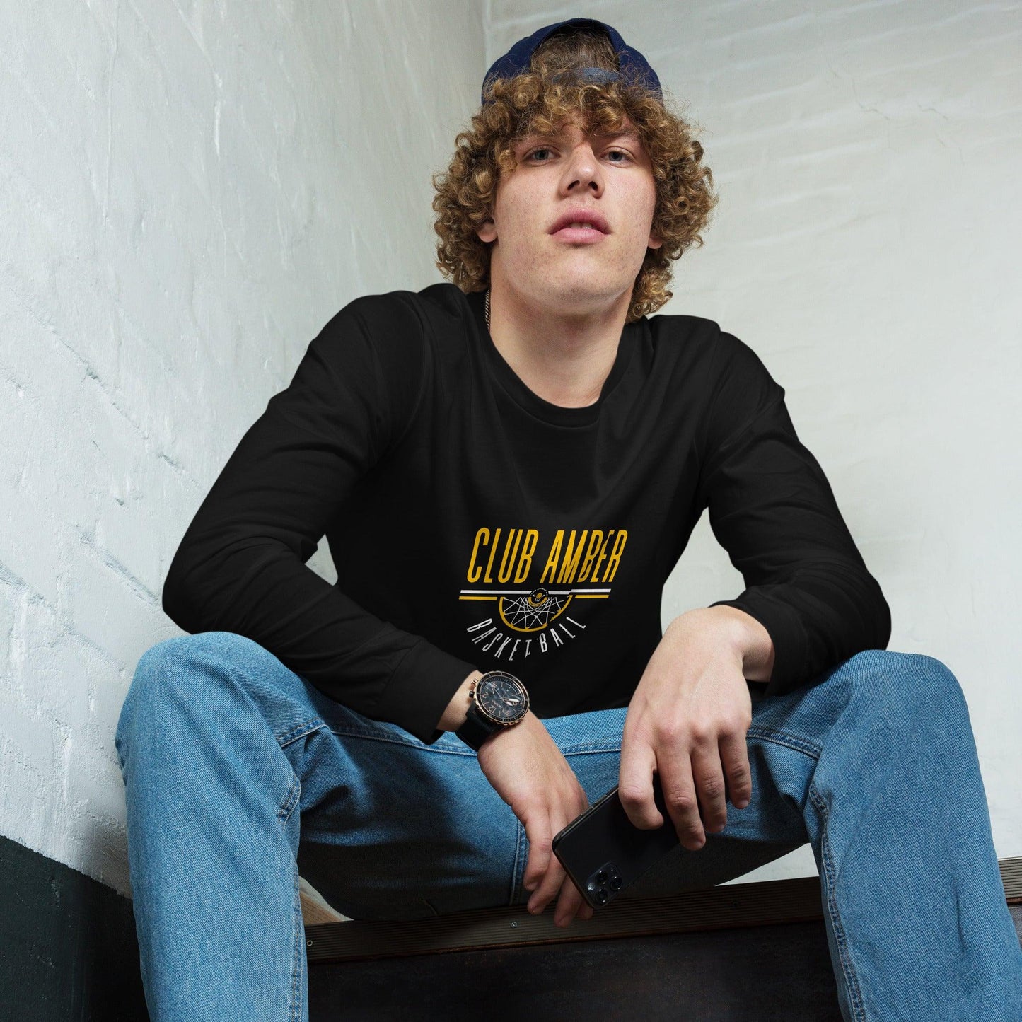 Club Amber Basketball Unisex Long Sleeve Tee - Designed by Moon Behind The Hill Available to Buy at a Discounted Price on Moon Behind The Hill Online Designer Discount Store