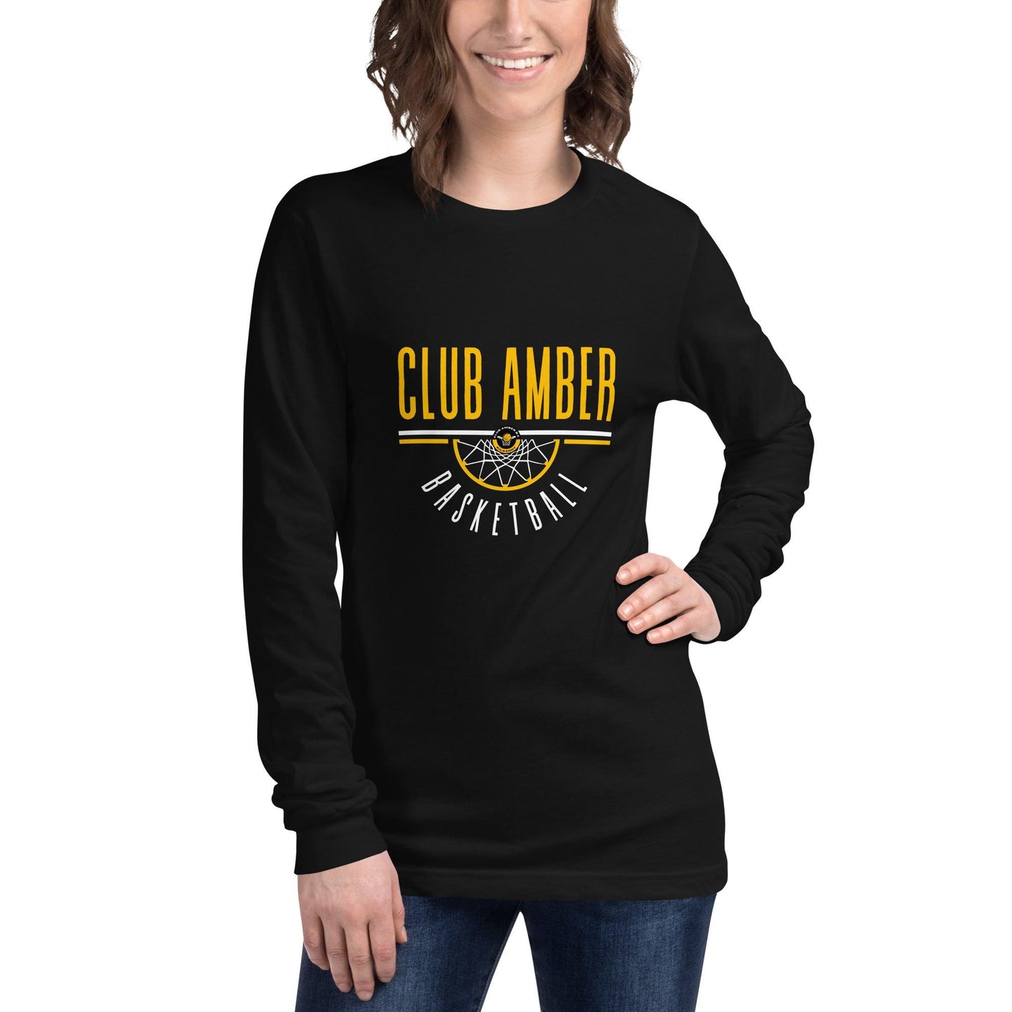 Club Amber Basketball Unisex Long Sleeve Tee - Designed by Moon Behind The Hill Available to Buy at a Discounted Price on Moon Behind The Hill Online Designer Discount Store