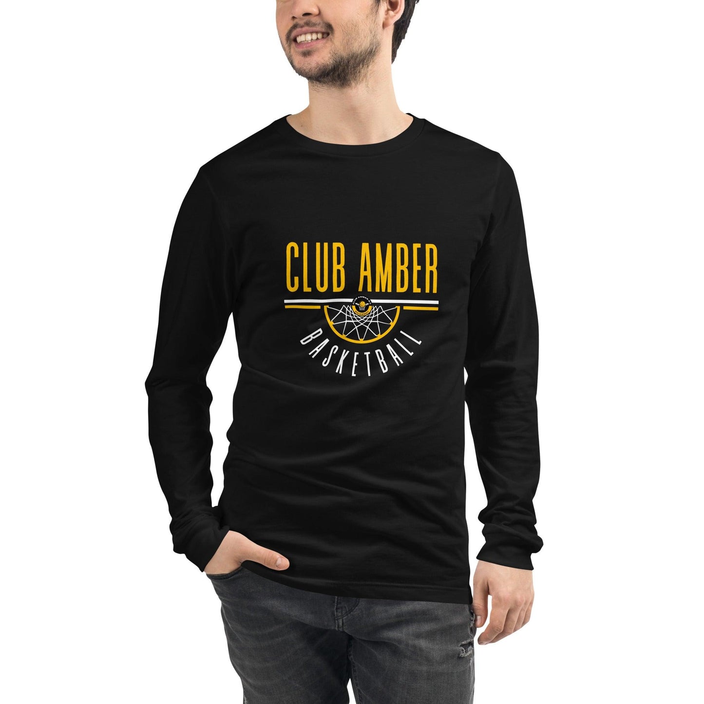 Club Amber Basketball Unisex Long Sleeve Tee - Designed by Moon Behind The Hill Available to Buy at a Discounted Price on Moon Behind The Hill Online Designer Discount Store