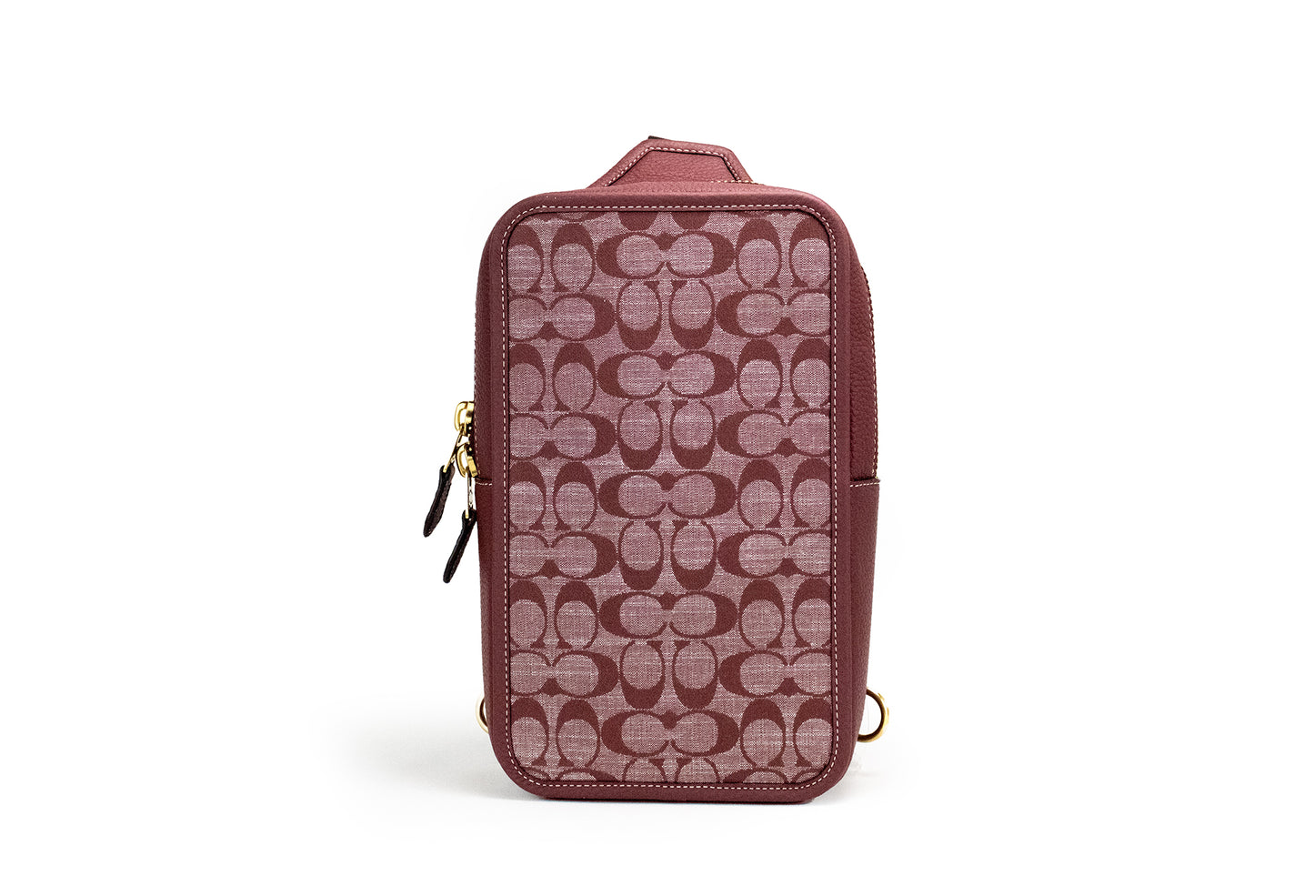 Coach Sullivan Wine Chambray Canvas Pebbled Leather Crossbody Pack Bag - Designed by COACH Available to Buy at a Discounted Price on Moon Behind The Hill Online Designer Discount Store